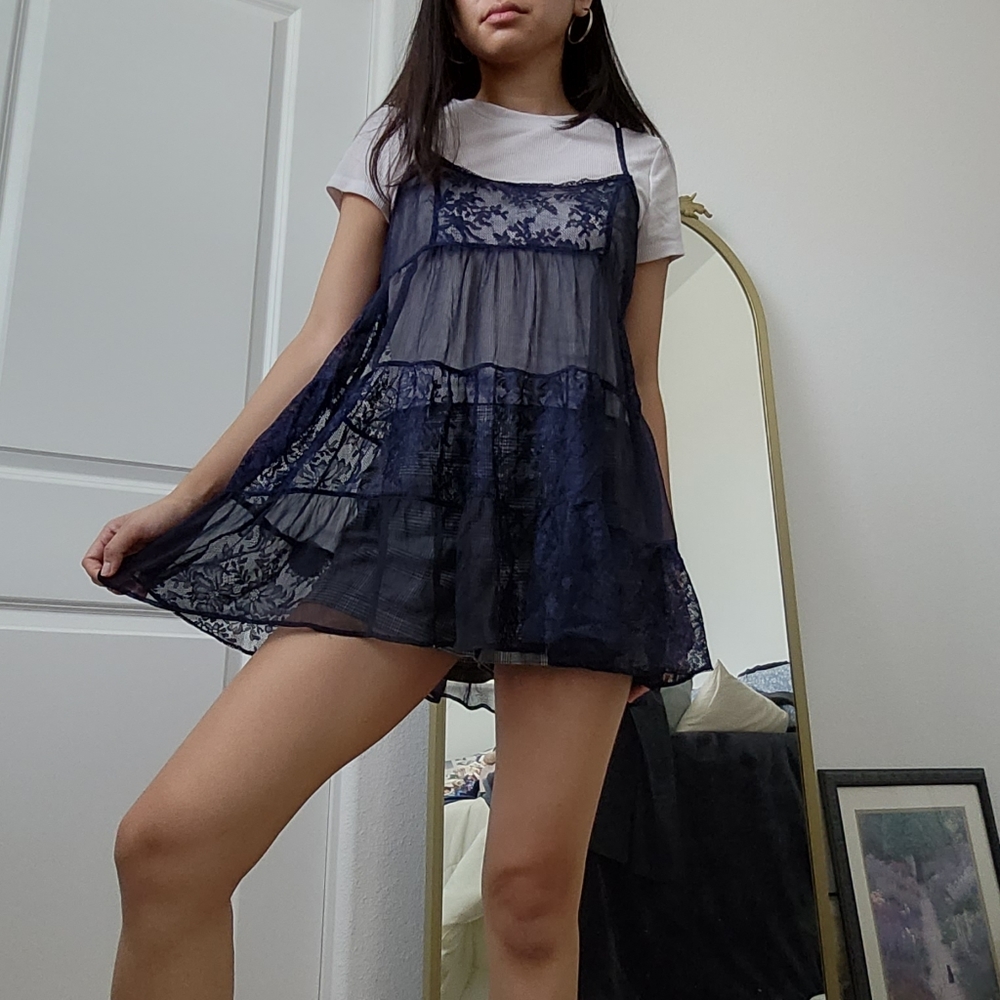 Dainty navy blue see-through lace dress